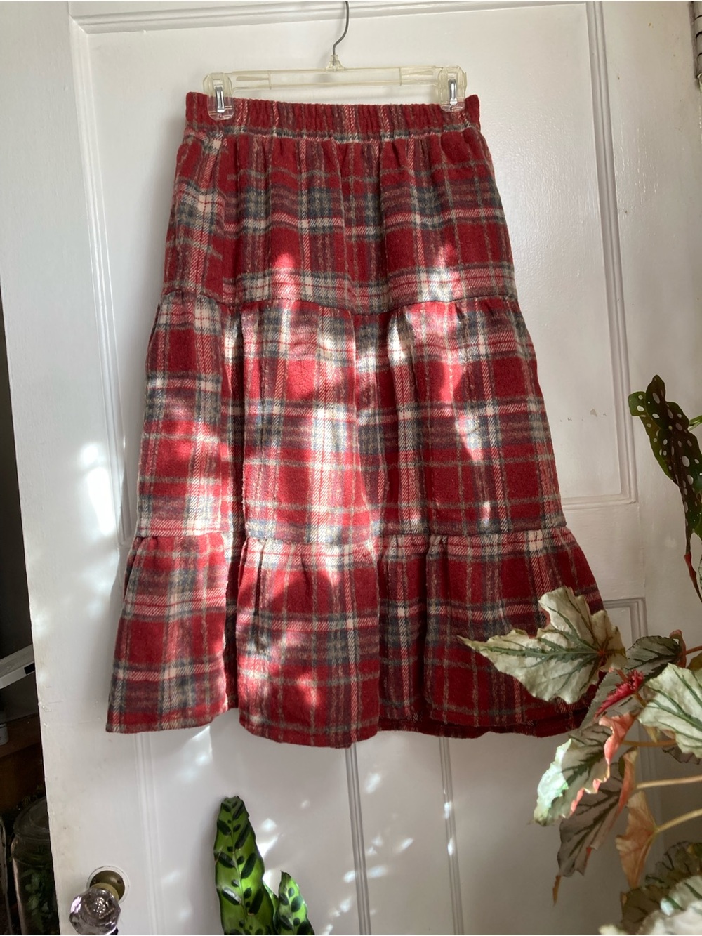 Cider Red Plaid Tiered Midi Skirt
